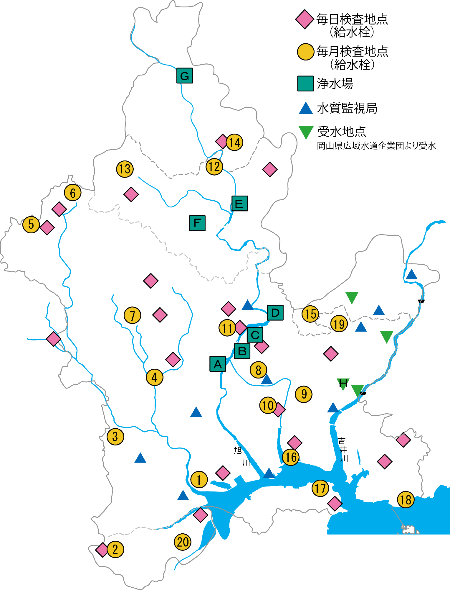 毎日検査地点、毎月検査地点、浄水場、水質監視局、受水地点の分布図