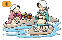 着物を着た女性二人が、川で洗濯や食器を洗っているイラスト