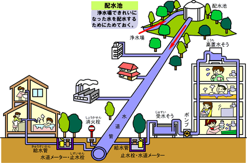 浄水場から配水池、配水池から水道管を通って各家庭や工場などに送られる水の流れの図