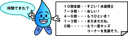 何問できた？10問全部…すごい！水道博士 7～9問…おしい！ 4～6問…もうひといき！ 1～3問…まだまだだね。 0問…もう一度キッズコーナーを見直そう。