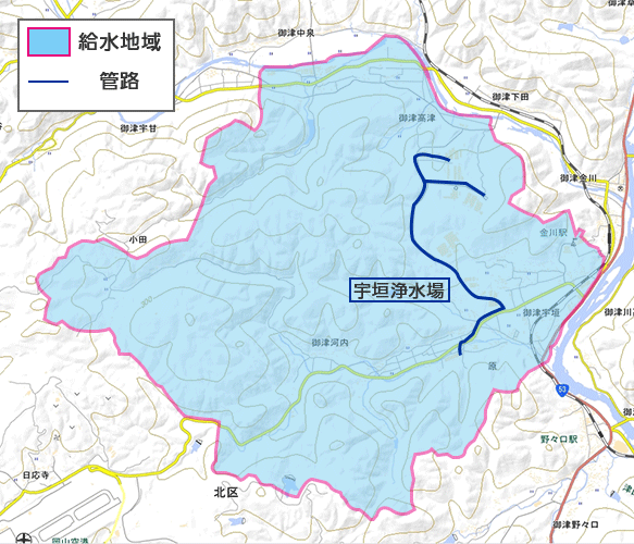 御津工業用水道の給水地域および管路の地図