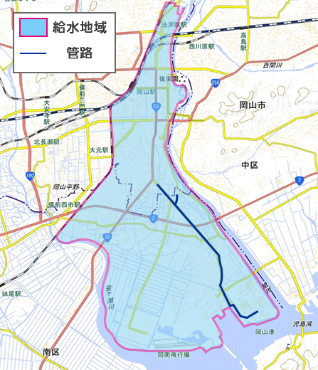 岡山工業用水道の給水地域および管路の地図